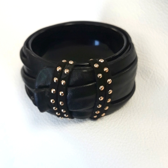 Black Leather Bangle Bracelet/ 90's/Handcrafted/ Statement Bracelet - Picture 12 of 16